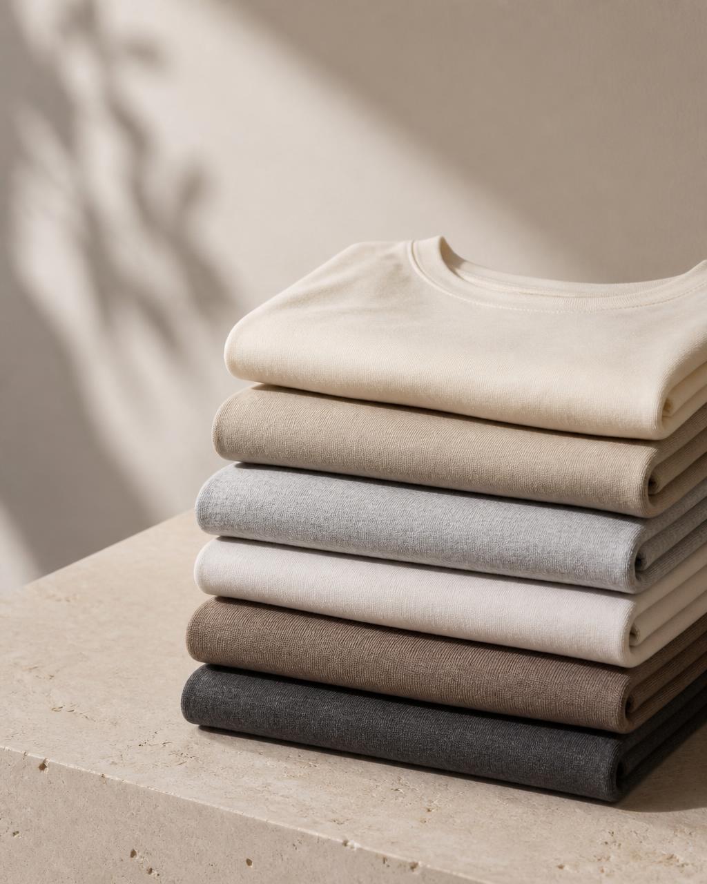 Folded neutral cotton garments stacked on a stone surface